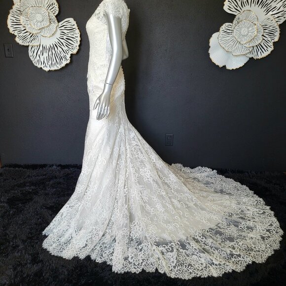 NWT~$1999~ELLA ROSA~SZ 6/8~IVORY OYSTER LACE FIT & FLARE WEDDING DRESS GOWN - Picture 14 of 16